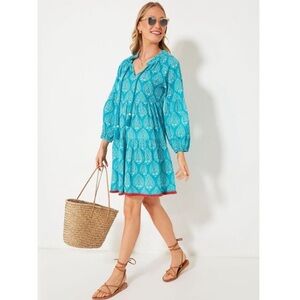 Tuckernuck Teal Lantern Block Print Batik Tie Neck Caftan Dress, Size XL